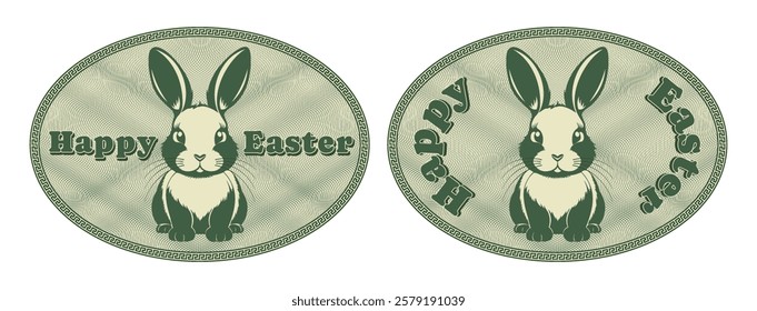 Vector set of oval green greeting stickers. Happy Easter. Cute graphic sitting rabbit. Fluffy soft cuddly bunny. Funny april