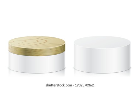 Vector set of oval shape stands isolated on white background. Round form white pedestal with wooden cover, with free space for an object, product, or text placement.