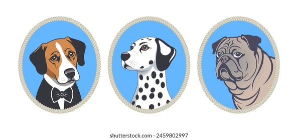 Vector set of oval stickers with portraits of cartoon dogs. Beagle, Dalmatian and Pug. Cute pets. Collection.