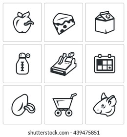 Vector Set Of Overdue Product Icons. Wormy Apple, Mold Cheese, Yogurt, Storage Temperature, Trade, Shelf Life, Stench, Score, Rodent. Spoiled Food, Dirt, Insanitary. 