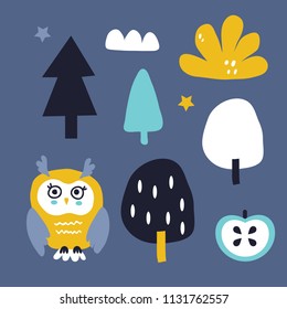 vector set  of owl and forest for baby shower,  fabric, textile, card and site design