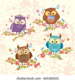 vector set of owls. beautiful birds on flowering branches. You can be used to scrapbooking, packaging, ornaments, stickers, textiles. very cute and good characters