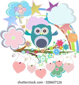 vector set - owls, birds, flowers, sky, cloud