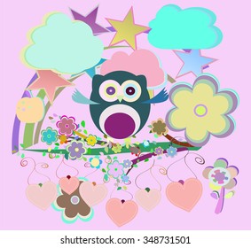 vector set - owls, birds, flowers, sky, cloud