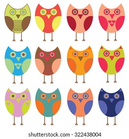 Vector set of owls of different shades on isolated background