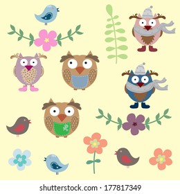 Vector set with owls, flowers and birds