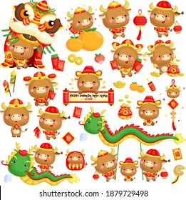 A vector set of ox in Chinese new year celebration costume and items (Fu Chinese Characters means Lucky)