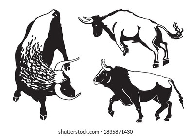 Vector set of oxen isolated on white background,ink pen illustration