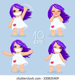 vector Set Pack Greeting Girls avatars icons smiley Web Blog Graphics Profile Picture WHITE DRESS, VIOLET HAIR, BLUE EYES, multicolored hair, full length, streaming hair