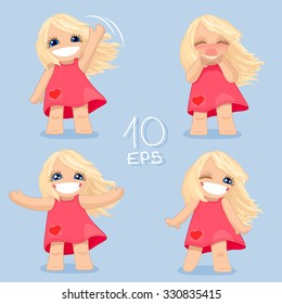 vector Set Pack Greeting Girls avatars icons smiley Web Blog Graphics Profile Picture PINK DRESS, BLONDE, BLUE EYES, full length, streaming hair