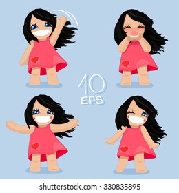 vector Set Pack Greeting Girls avatars icons smiley Web Blog Graphics Profile Picture PINK DRESS, BLACK HAIR, BLUE EYES, full length, streaming hair