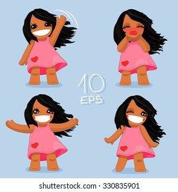 vector Set Pack Greeting Swarthy Girls avatars icons smiley Web Blog Graphics Profile Picture PINK DRESS, SWARTHY, BLACK HAIR, BROWN EYES, full length, streaming hair