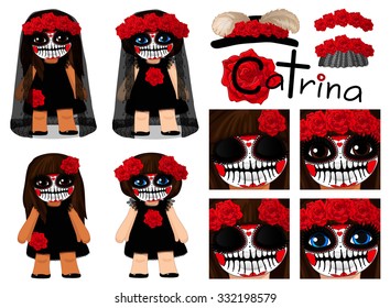 vector Set Pack La Catrina Day of the Dead ClipArt Girl Female Sugar Skull Halloween avatars icons smiley Web Blog Graphics Profile Picture Roses Brown Blue eyes Hat feather Wreath Crown Black dress