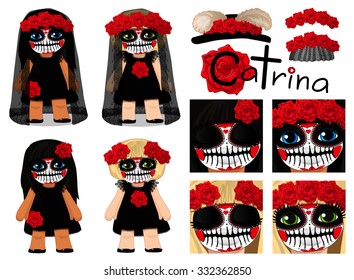 vector Set Pack La Catrina Day of the Dead ClipArt Girl Female Sugar Skull Halloween avatars icons smiley Web Blog Graphics Profile Picture Roses Green Blue eyes Hat feather Wreath Crown Black dress