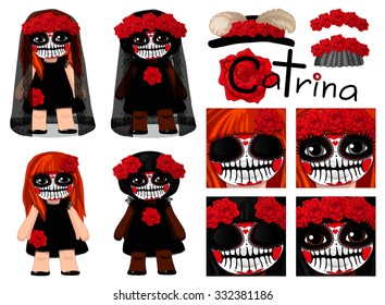 vector Set Pack La Catrina Day of the Dead ClipArt Girl Female Sugar Skull Halloween avatars icons smiley Web Blog Graphics Profile Picture Roses Brown Blue eyes Hat feather Wreath Crown Black dress