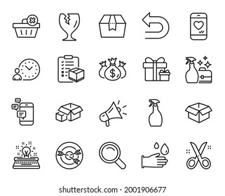 Vector set of Package box, Delete order and Search line icons set. Surprise package, Opened box and Communication icons. Scissors, Love chat and Parcel checklist signs. Package box web symbol. Vector