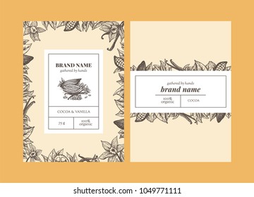 Vector set of package design with cocoa and vanilla hand drawn elements. Editable packaging template collection with vanilla pods and flowers and cocoa fruits, leaves and beans.