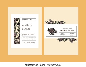 Vector set of package design with cocoa and vanilla hand drawn elements. Editable packaging template collection with vanilla pods and flowers and cocoa fruits, leaves and beans.