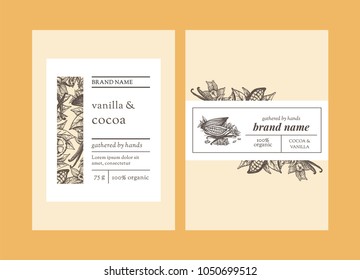 Vector set of package design with cocoa and vanilla hand drawn elements. Editable packaging template collection with vanilla pods and flowers and cocoa fruits, leaves and beans.