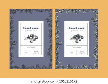 Vector set of package design with floral hand drawn elements. Editable packaging template collection with  blueberry.