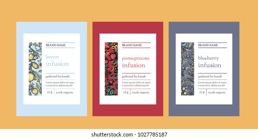 Vector set of package design with floral handrown elements. Editable packaging template collection with lemon, pomegranate and blueberry.