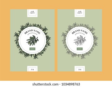 Vector set of package design with olive hand drawn elements. Editable packaging template collection with olive leaves and branches.