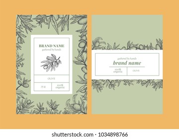 Vector set of package design with olive handrawn elements. Editable packaging template collection with olive leaves and branches.