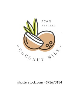 Vector set of packaging design element and icon in linear style - coconut milk - healthy vegan drink. Logo sign