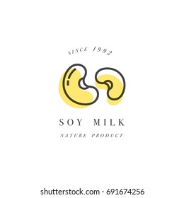Vector set of packaging design element and icon in linear style - soy milk - healthy vegan drink. Logo sign