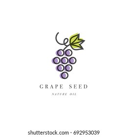 Vector set of packaging design element and icon in linear style - grape seed oil - healthy vegan food. Logo sign