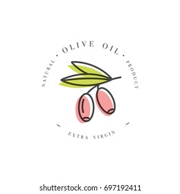 Vector set of packaging design element and icon in linear style - olive oil - healthy vegan food. Logo sign. Extra virgin olive oil