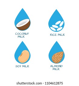 Vector set of packaging design elements and icons - almond, coconut, rice and soy milk.