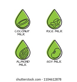 Vector set of packaging design elements and icons in linear style - almond, coconut, rice and soy milk.