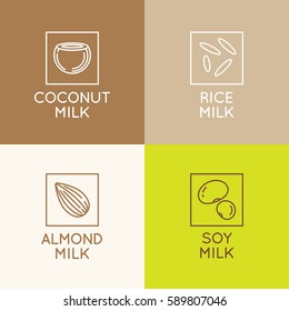 Vector set of packaging design elements and icons in linear style - almond, coconut, rice and soy milk - healthy vegan drinks