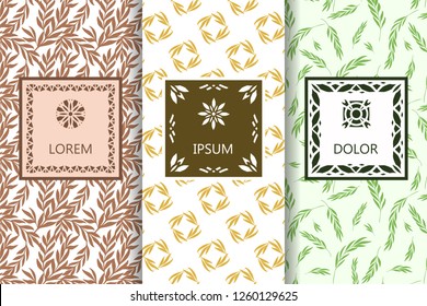 Vector set of packaging design templates, seamless patterns and frames with copy space for text. Wrapping paper, print textile, wallpaper desing