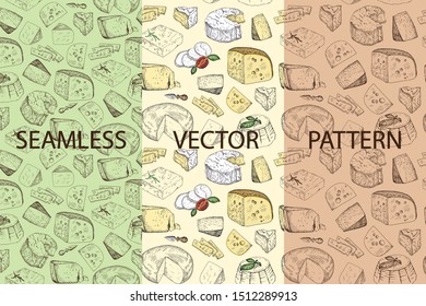 Vector set of packaging design templates, seamless patterns with cheese. Vintage sketched illustration. Line art style.
