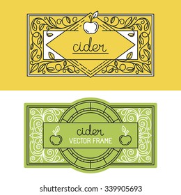 Vector set of packaging design templates and labels for bottles in trendy linear style with hand-lettering - apple cider drink