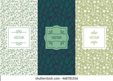 Vector set of packaging design templates, seamless patterns and frames with copy space for text for cosmetics, beauty products, organic and healthy food with green leaves and flowers