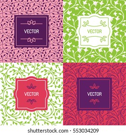 Vector set of packaging design templates, seamless patterns and frames with copy space for text for cosmetics, beauty products, organic and healthy food with green leaves and flowers 