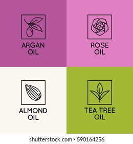 Vector set of packaging design templates and emblems in linear style - beauty and cosmetics oils - argan, rose, almond and tea tree