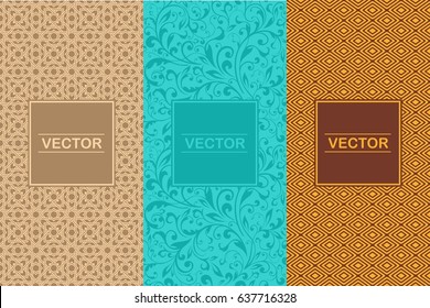 Vector set of packaging design templates, seamless patterns and frames with copy space for text for cosmetics, beauty products, organic and healthy food with green leaves - modern ornaments