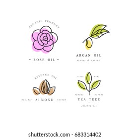 Vector set of packaging design templates and emblems and badges. Beauty and cosmetics oils - argan, rose, almond and tea tree. Logos in trendy linear style