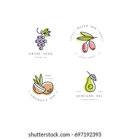 Vector set of packaging design templates and emblems in linear style - beauty and cosmetics oils - coconut, avocado, olive and grape seed