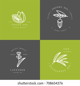 Vector set of packaging design templates and emblems - beauty and cosmetics oils - cocoa, lavender, jojoba and eucalyptus. Logos in trendy linear style