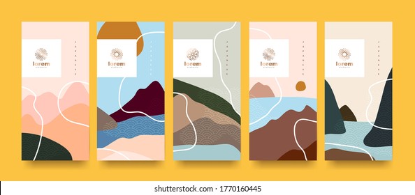 vector set packaging landscape abstract arts background templates.Line pattern in Asian style with Japanese pattern.