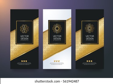 Vector set packaging templates black golden labels and frames for luxury products in trendy linear style,banner,tag,identity, branding,vector illustration