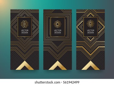 Vector set packaging templates black golden labels and frames for luxury products in trendy linear style,banner,tag,identity, branding,vector illustration