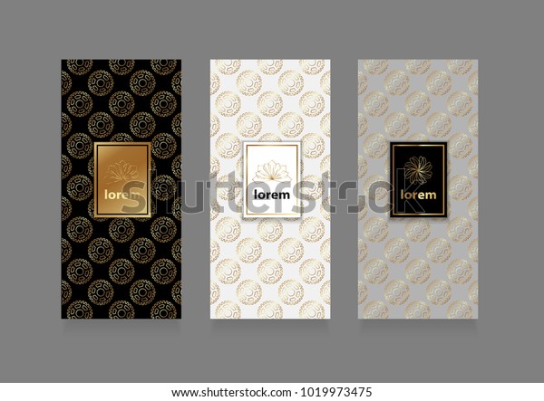 Vector set packaging
templates black and white geometric pattern with gold gradients for
luxury mechanical repair car service technology products.Vector
illustration. eps10