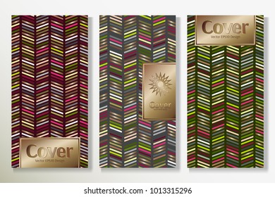 Vector set packaging templates with different colors for luxury products backdrop. Deluxe cover design with trendy linear style and golden title frame. Glam artwork for flyer.