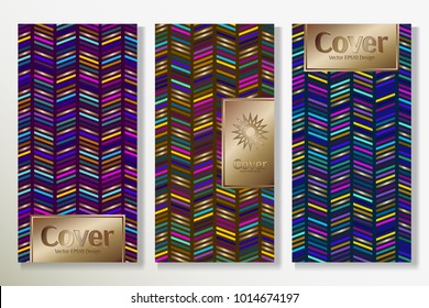 Vector set packaging templates with different colors for luxury products background. Deluxe cover design with trendy linear style and gold text frame. Decorative artwork for holiday.